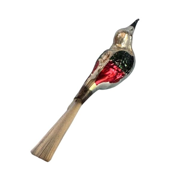Vintage Blown Mercury Glass Bird Ornament Red Green Silver 4.5" w/tail Germany - Picture 3 of 7